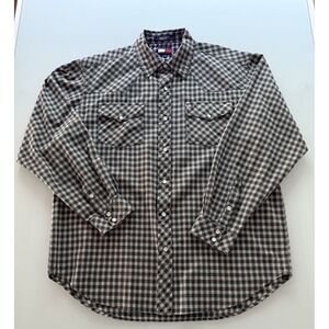 Tommy Hilfiger Mens Large Green Plaid Pearl Snap Down Western Style Shirt
